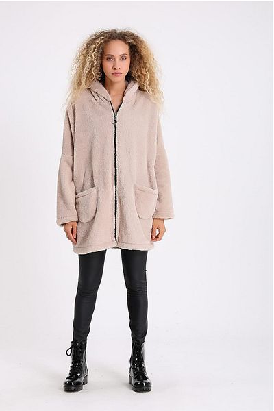 AYASOFYA OTANTIK Women's Beige Hooded Plush Coat