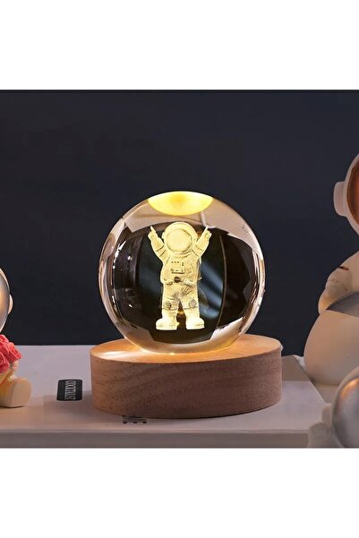 7 Moda Dekarasyon Işıklı Ahşap Standlı Astronot Cam Küre, Usb Kablolu Astrono...