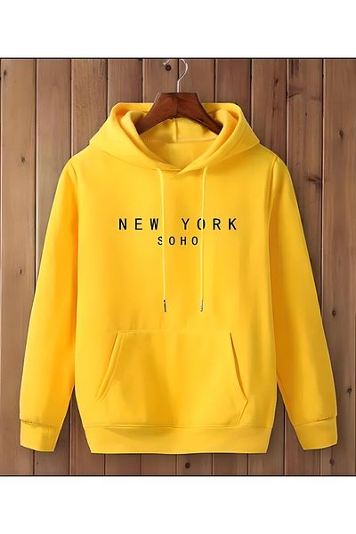 FancyWorld Pulover cu glugă din țesătură cu trei fire cu text galben, cu fleece în interior