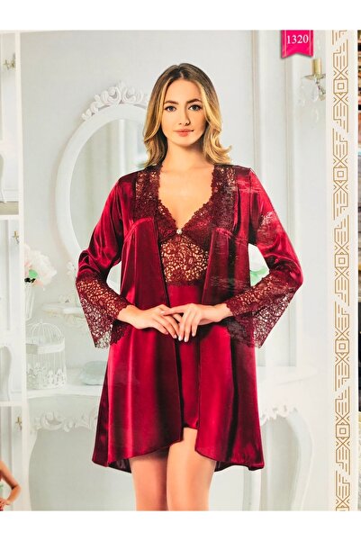 Işık Tekstil Ipek Saten 6lı Gecelik Sabahlık Takımı Bordo