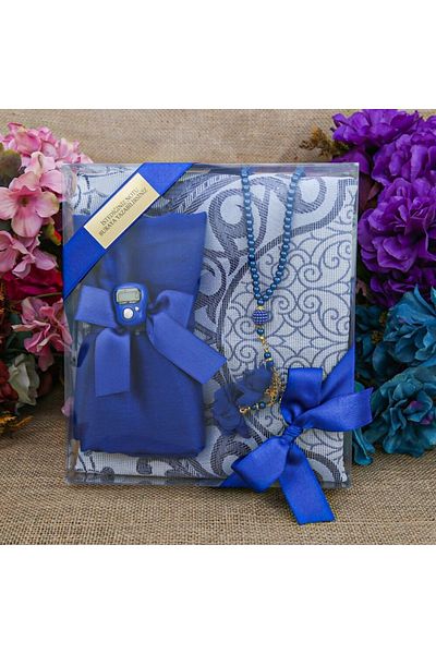 İkranur Ipek Nur Taffeta Prayer Rug Navy Blue & Pearl Prayer Beads with Roses Navy Blue & Navy Blue Shawl & Zikrmatik