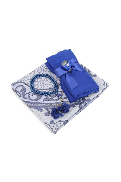 İkranur Ipek Nur Taffeta Prayer Rug Navy Blue & Pearl Prayer Beads with Roses Navy Blue & Navy Blue Shawl & Zikrmatik