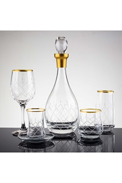 sudeka Kareçubuk Gold El Dekor Kesme Cam Su Takımı 61 Parça 12 Kişilik