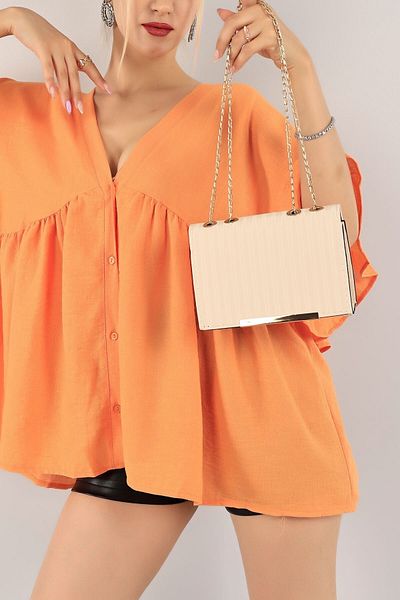 Elentra Κρεμ βραδινή τσάντα, Satin look Clutch bag με χρυσό κλιπ λεπτομέρεια, γυναικεία βραδινή τσάντα με λουράκι αλυσίδας