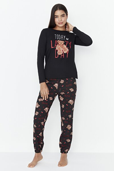 Trendyol Collection Černý 100% bavlněný medvídek s potiskem pletené pyžamo THMAW23PT00495