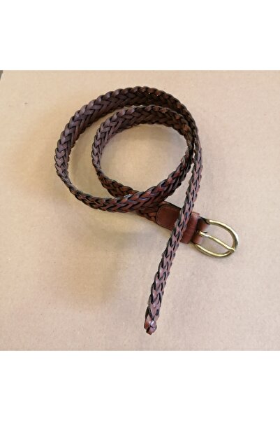 Butik Tülin Unisex Genuine Leather Tan Hand Knitted Brass Buckle Belt