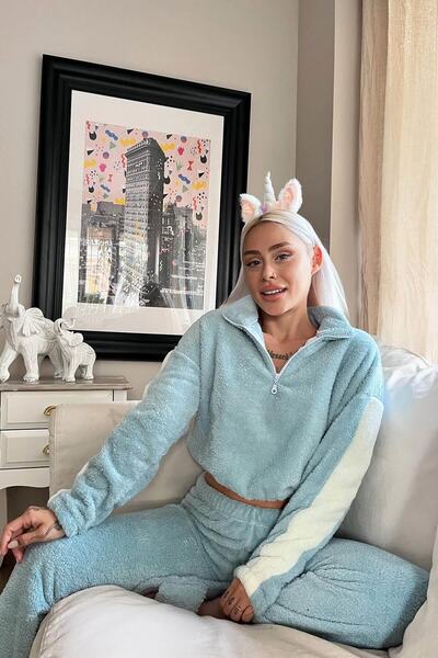 Pijamaevi Σετ Πιτζάμες με Μπλε φερμουάρ με λεπτομέρειες Crop Full βελούδινα