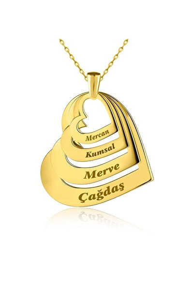 GÜMÜŞ Kişiye Özel 4 Isimli Aile Kalpleri Altın Kaplama Kolye
