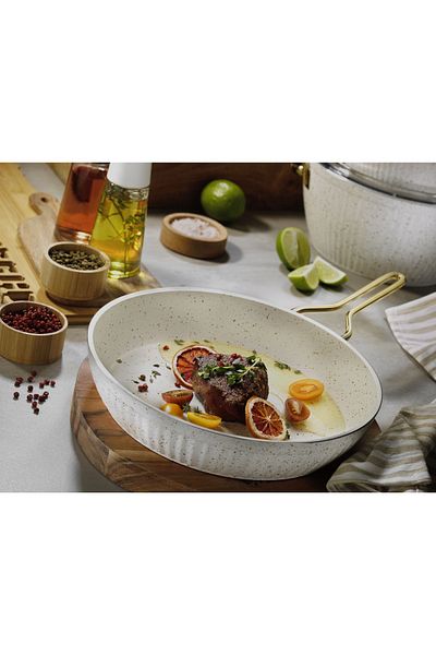 Lines Maya Granite Patterned Pan Gold Handle - White - 28 Cm