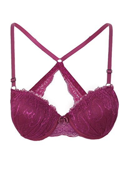 Neşeli Butik Sutien cu dantelă încrucișată pentru femei, umplut cu silicon Bh...