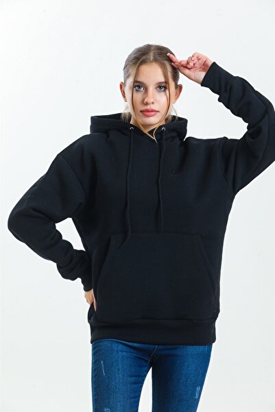 SARCHA Φούτερ με κουκούλα Unisex με 3 νήματα με τσέπη καγκουρό απλό μαύρο ove...