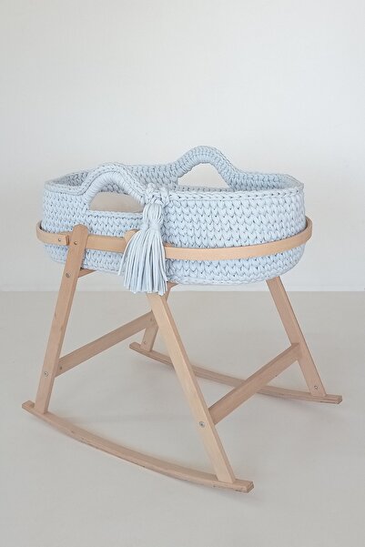 Babycom Naturel Ahşap Çemberli Beşik Standı +buz Mavi Örgü Sepet