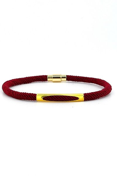 Solfera Claret Red Knitted String Yellow Metal Magnet Men's Bracelet M026m
