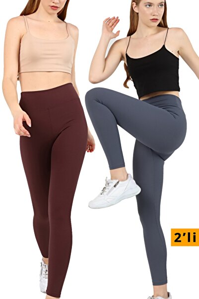 VOSSAX 2'li Tayt Fitilli Yüksek Bel Toparlayıcı Spor Tayt Kahve+indigo