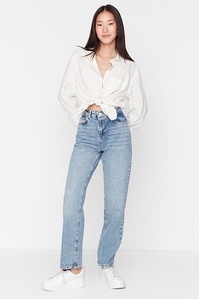 Trendyol Collection Blugi drepti lungi cu talie normală albastru TWOAW23JE00579