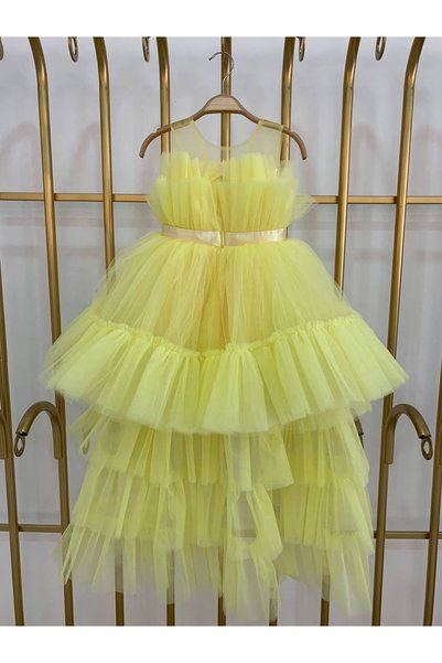shopland Yellow Tutu Skirt Girl's Tailed Fluffy Princess Model Body Ribbon Belt Evening Dress