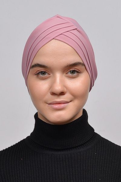 Altobeh Τρεις ρίγες Σταυρός Εξωτερικό Hijab Bonnet Ready Turban-σκούρο ροζ