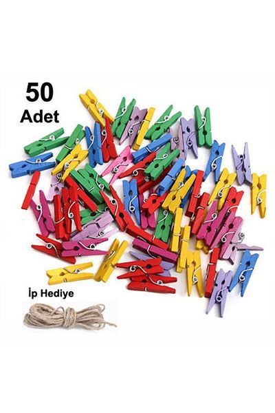 AYMAGNET 50 Pieces, Mini Peg, Mixed Color Peg, Photo Peg, 10 Meters with Jute Rope Gift