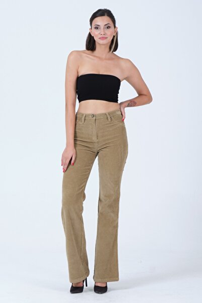 Barkaist Kadın Camel Yüksek Bel Kalın Fitilli Flare Paça Kadife Pantolon