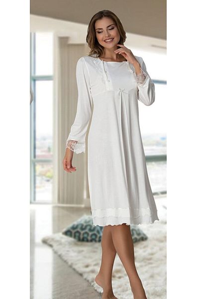 Effortt Pajama Women White Long Sleeve Maternity Breastfeeding Nightgown