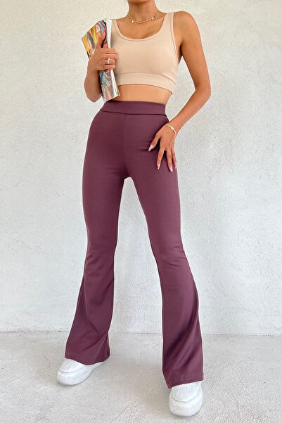 VOSSAX Women's Brown Ribbed Flared Leg High Waist Recovery Pants Leggings