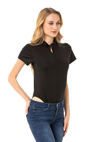 VISHENKA Kadın Kısa Kollu Boyun Kısmı Fermuar Detaylı Siyah Çıtçıtlı Body