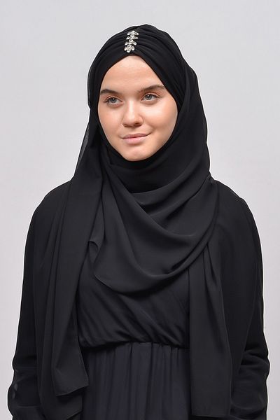 Altobeh Κομψό Stone Draped Ready Practical Chiffon Hijab Shawl-μαύρο