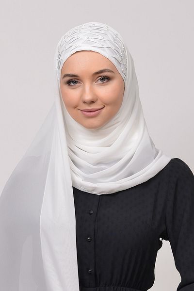 Altobeh Πρακτικό σιφόν Hijab Shawl-ecru με πλισέ με ραβδώσεις