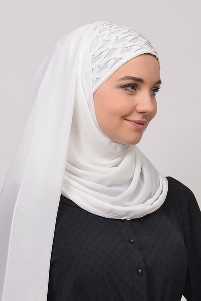 Altobeh Πρακτικό σιφόν Hijab Shawl-ecru με πλισέ με ραβδώσεις