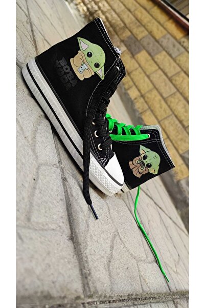 MECH BUTİK Yoda Štampano Dnevne Unisex Patike Crne Visoke Cipele Yoda Lik Pak...