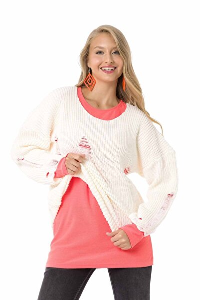 Cipo&Baxx Wp240 Vintage Ripped Two Layers Pink+Ecru Knitwear