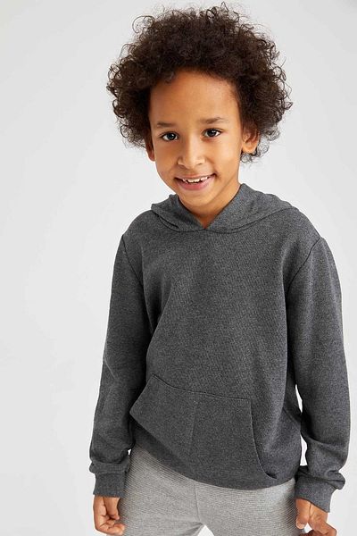 DeFacto Boy's Hooded Kangaroo Pocket Soft Fuzzy Sweatshirt