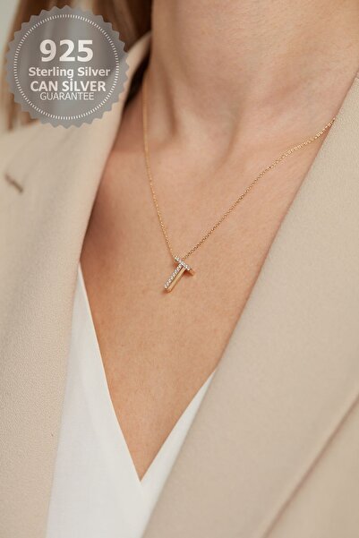 CAN SİLVER 925 Ayar Gümüş Zirkon Taşlı Gold Kaplama T Harfi Kadın Kolye