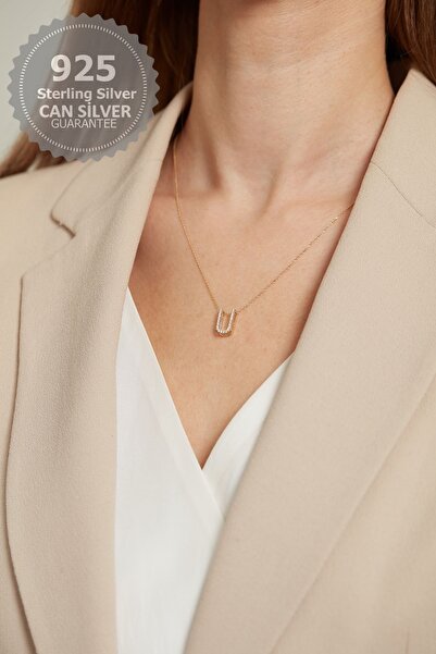 CAN SİLVER 925 Ayar Gümüş Zirkon Taşlı Gold Kaplama U Harfi Kadın Kolye