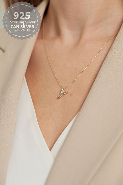 CAN SİLVER 925 Ayar Gümüş Zirkon Taşlı Gold Kaplama Y Harfi Kadın Kolye