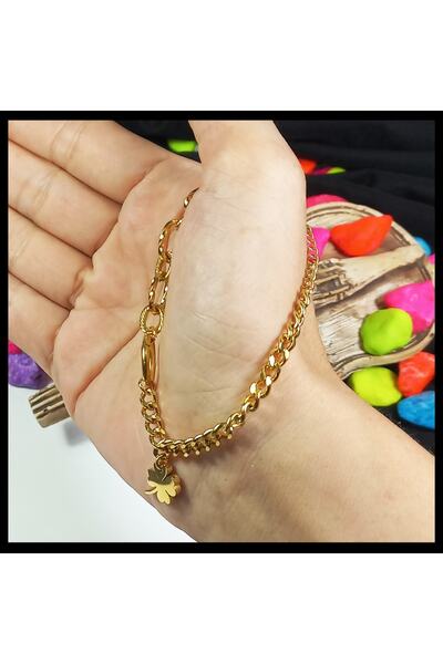 FAMİLY Yonca Temalı Gold Renk Paslanmaz Ve Kararmaz Zincir Çelik Bileklik