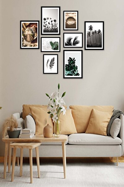 Conceptione 8 Parça Botanik Tarzda Sanatsal Siyah Çerçeve Görünümlü Dijital B...