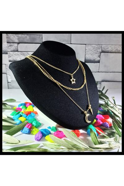 FAMİLY Ay Ve Yıldız Temalı Çoklu Model Gold Renk Paslanmaz Ve Kararmaz Çelik Kolye