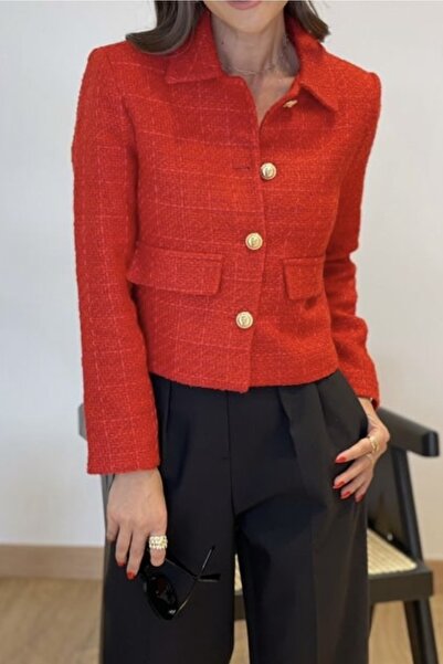 Suziş Kadın Kırmızı Tüvit Kumaş Astarlı Kısa Ceket