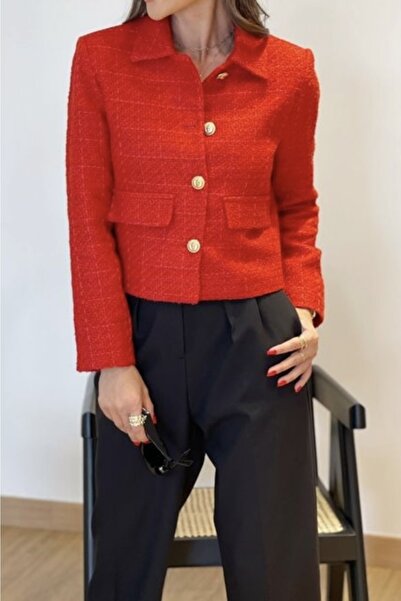 Suziş Kadın Kırmızı Tüvit Kumaş Astarlı Kısa Ceket