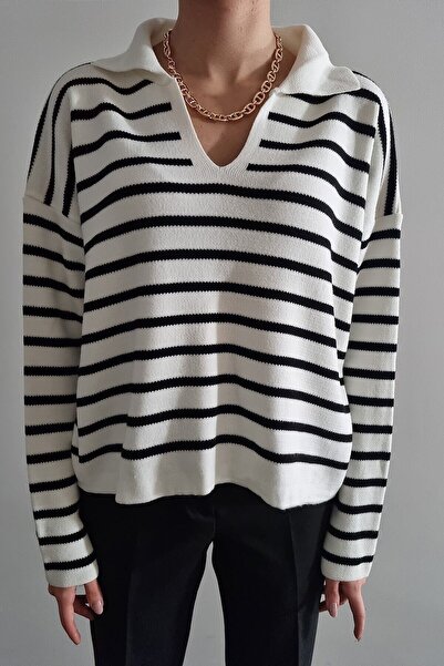 Fresh Pulover tricotat cu guler polo cu dungi negre