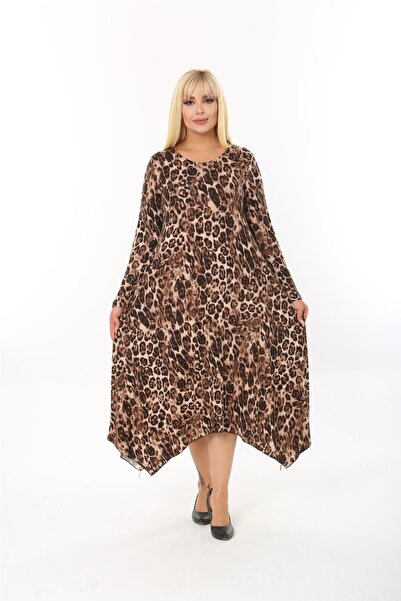 Mezura Leopard Patterned Women's Plus Size Long Sleeve Asymmetrical Cut Skirt Viscose Fabric Dress