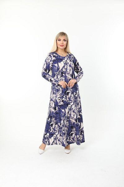 Mami Plus Size Blue Batik Long Sleeve (Suitable for hijab) Long Viscose Combed Cotton Dress