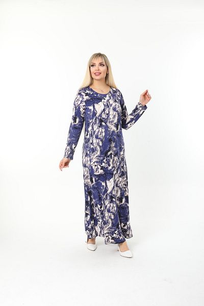 Mami Plus Size Blue Batik Long Sleeve (Suitable for hijab) Long Viscose Combed Cotton Dress