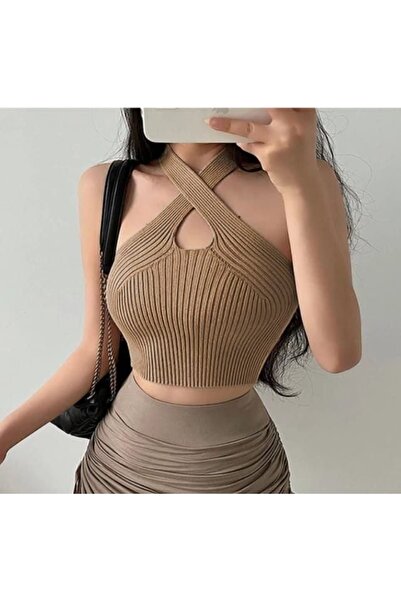 Esinty قميص داخلي نسائي محبوك بحزام متقاطع باللون البني