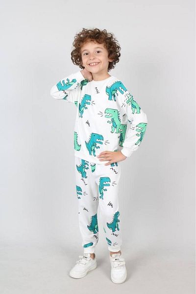 pistyle Boy's White Blue Dinosaur Patterned Tracksuit Set