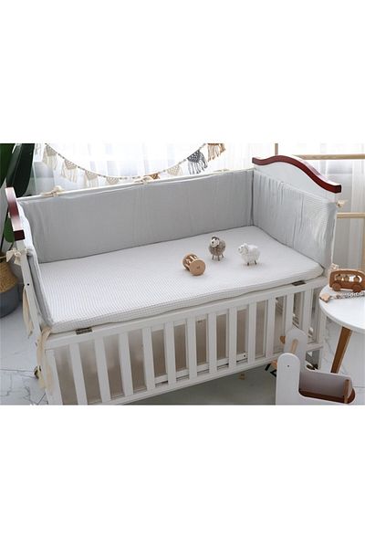 Jaju Baby سرير أطفال من قماش وافل بيكيه باللون الرمادي مقاس 90x190/واقي حاجز إسفنجي لحماية حافة مونتيسوري