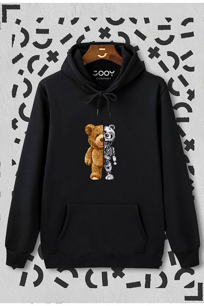 Jooy Company Φούτερ με κουκούλα Unisex Μαύρο Robotic Bear με στάμπα
