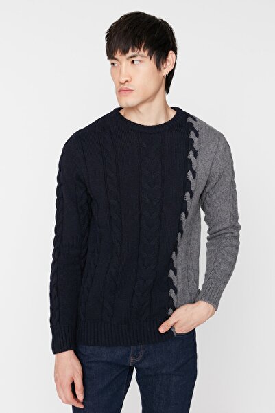 Trendyol Collection Sötétkék karcsúsított gyapjú haj kötött kötött pulóver - nyakú TMNAW22KZ2079