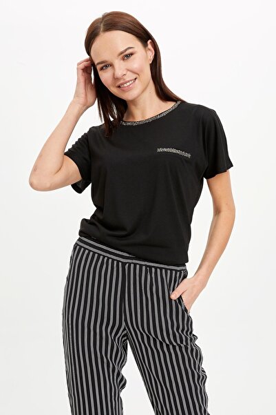 DeFacto Дамска черна блуза с къс ръкав и принт K7701AZ.19SM.BK27